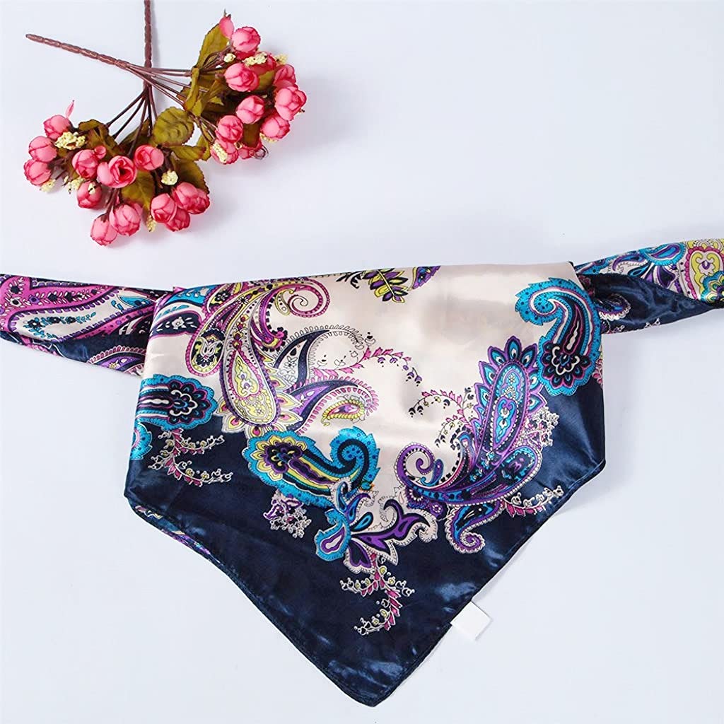 PALAY Women Classic Vintage Floral Silk Feel Large Square Scarf Head Wraps (Royal Blue)