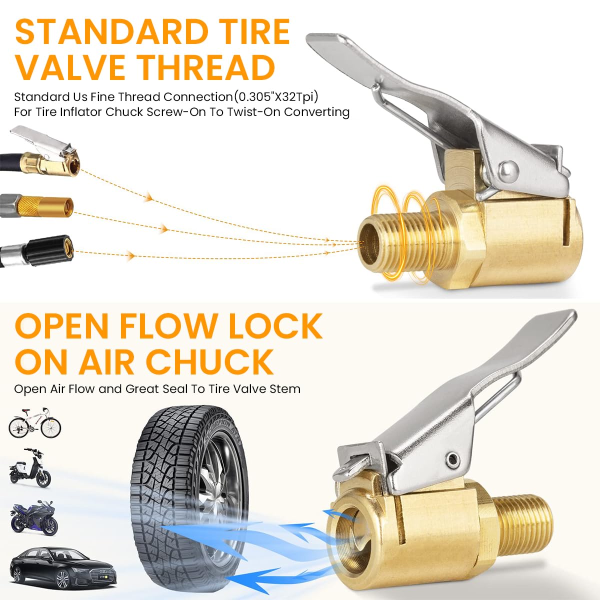 STHIRA Brass Tire Valve Adapter with Secure Lock Lever 250 PSI | Universal Fit for Cars and Bicycles