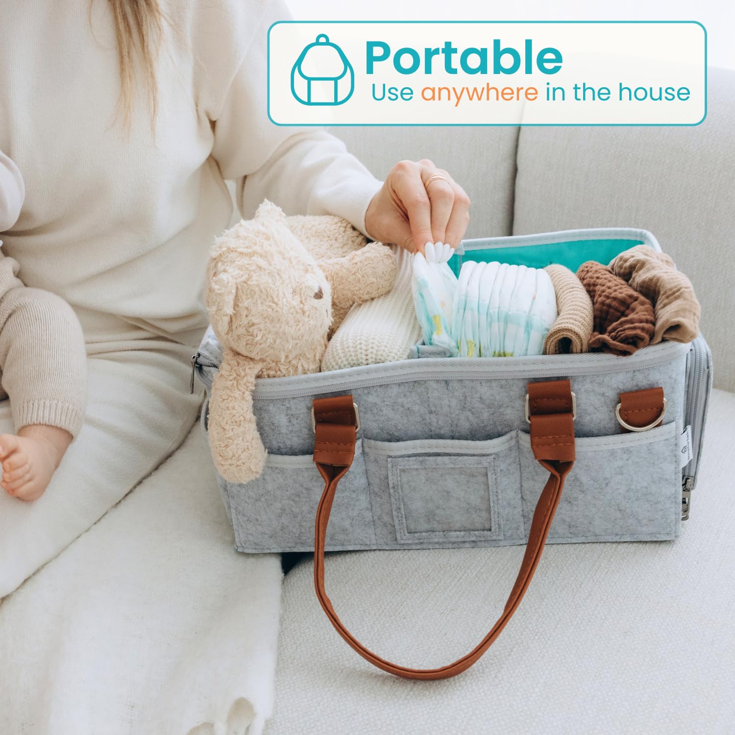 SNOWIE SOFT Baby Diaper Caddy Organizer for Newborn Essentials with 2 Inserts and Felt Design | Portable Grey Storage Basket