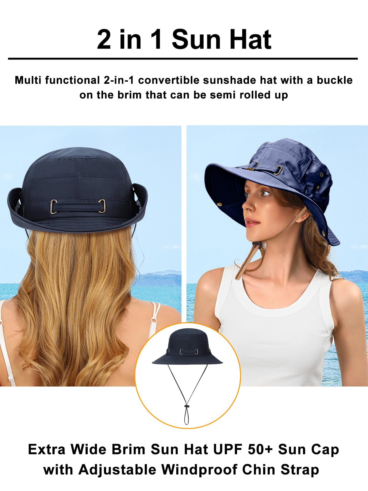 ZIBUYU® Sun Hat for Women Girls Stylish Extra Wide Brim 2 In 1 Cap for Women Summer UV Protection Breathable Round Hat with Adjustable Windproof Strap Beach Hat for Hiking, Fishing, Camping - Navy