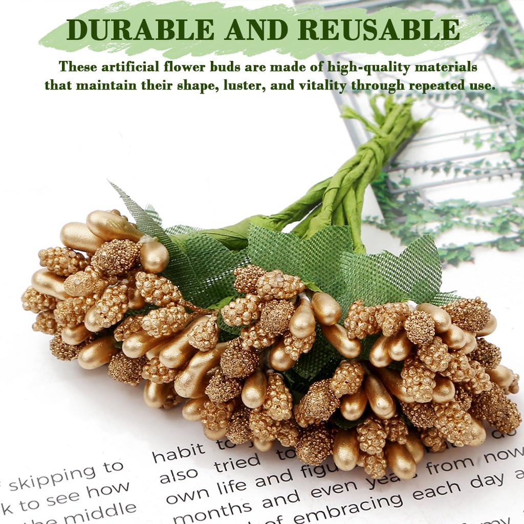 HASTHIP Artificial Flower Bunch for Weddings and Home Decor with 12 Branches & 80mm Length | Featuring Gold Beads and Green Mesh Design