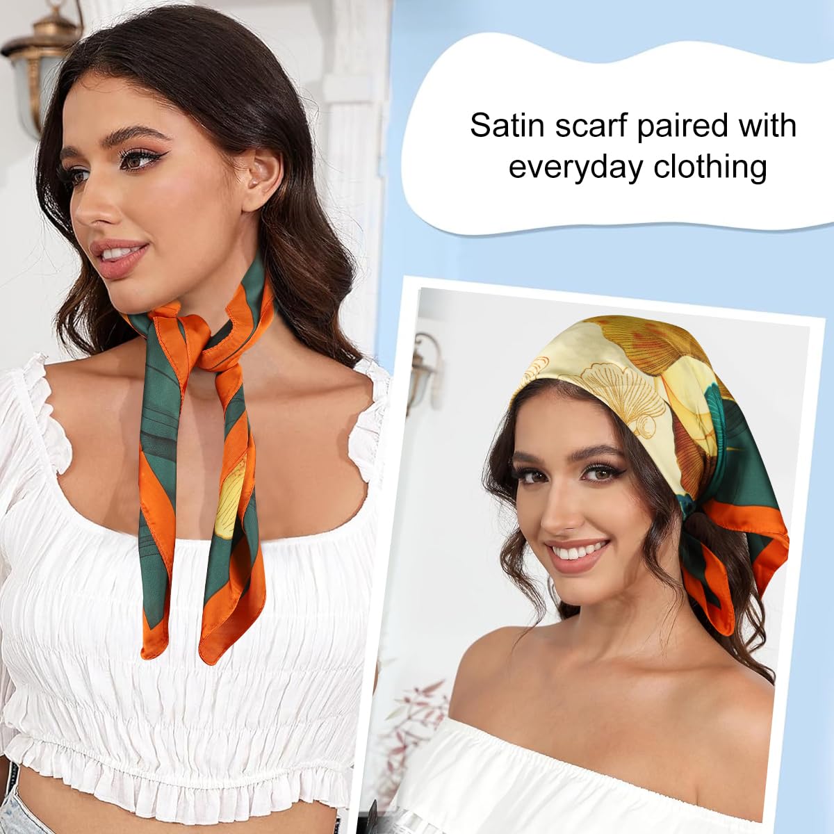 SANNIDHI Silk Hair Scarf for Women featuring Ginkgo Print 27x27 in Square Satin Wrap | Elegant Neck and Handbag Accessory