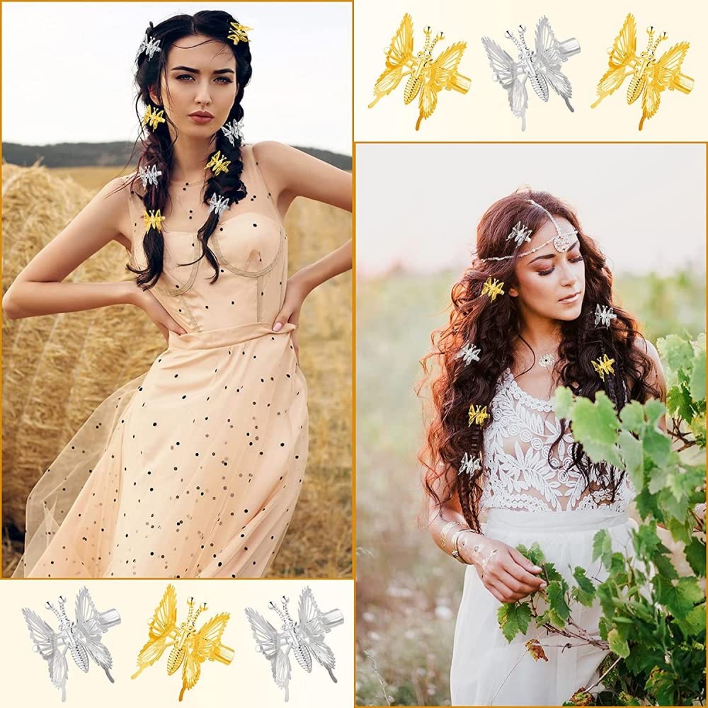 SANNIDHI Butterfly Hair Clips for Women with 3D Flapping Wings Design Gold & Silver Set of 8
