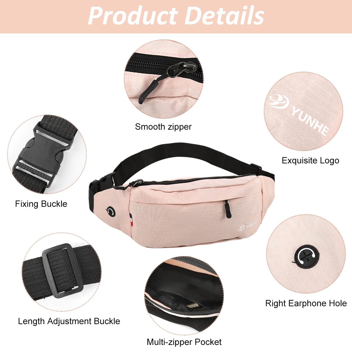 GUSTAVE Waist Bag for Man with Dual Layer Zippered Storage and Lightweight Polyester | Pink Crossbody for Running and Travel
