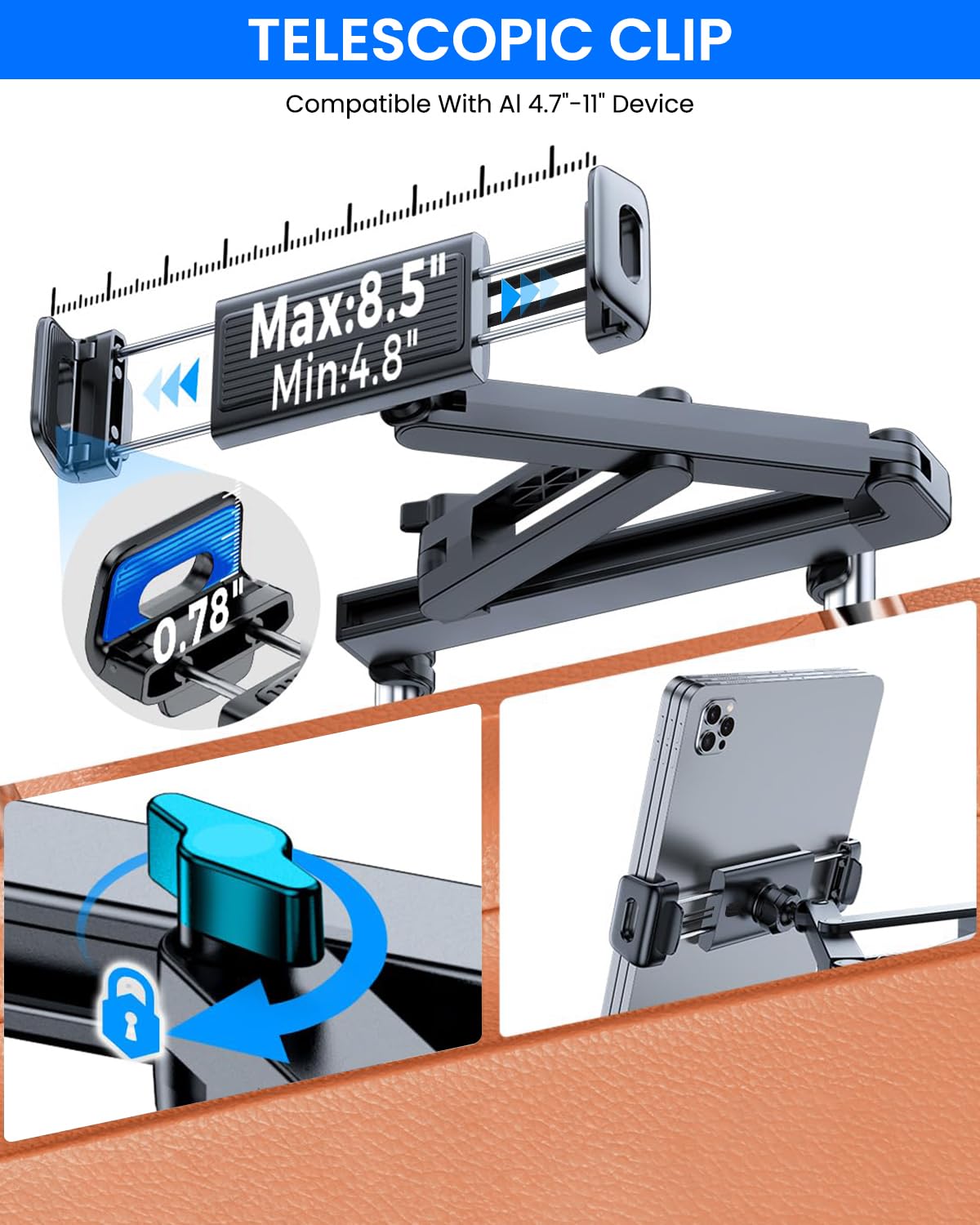 STHIRA Phone and Tablet Holder for Car Back Seat with 360° Rotation and Retractable Arm