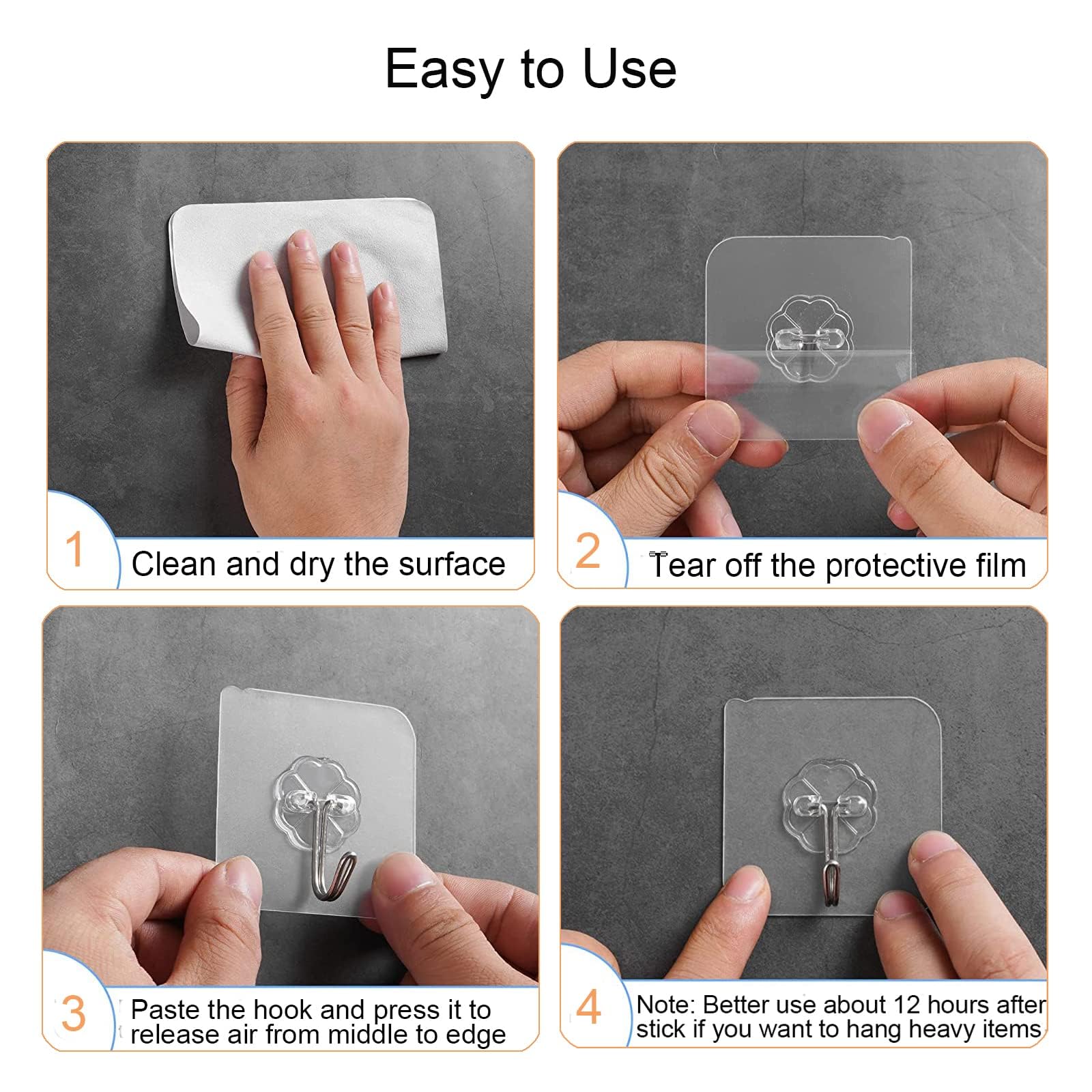 HASTHIP Adhesive Wall Hooks for Bathroom and Kitchen with 22lb Load Capacity | Clear 5 Pack