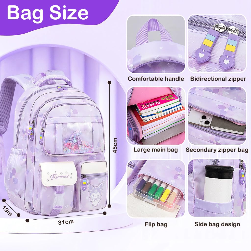 PALAY Kuromi Backpack for School Girls Sanrio Kuromi School Backpack Multi Layer Large Book Bag Burden Relief Travel Backpack School Backpack for 8-16 Years Olds School Girls Teens, 45x31x19cm