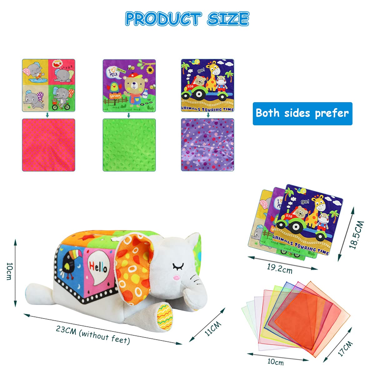 SNOWIE SOFT Sensory Montessori Tissue Box Toy with 8 Color Cloths for Toddlers | Elephant Plush