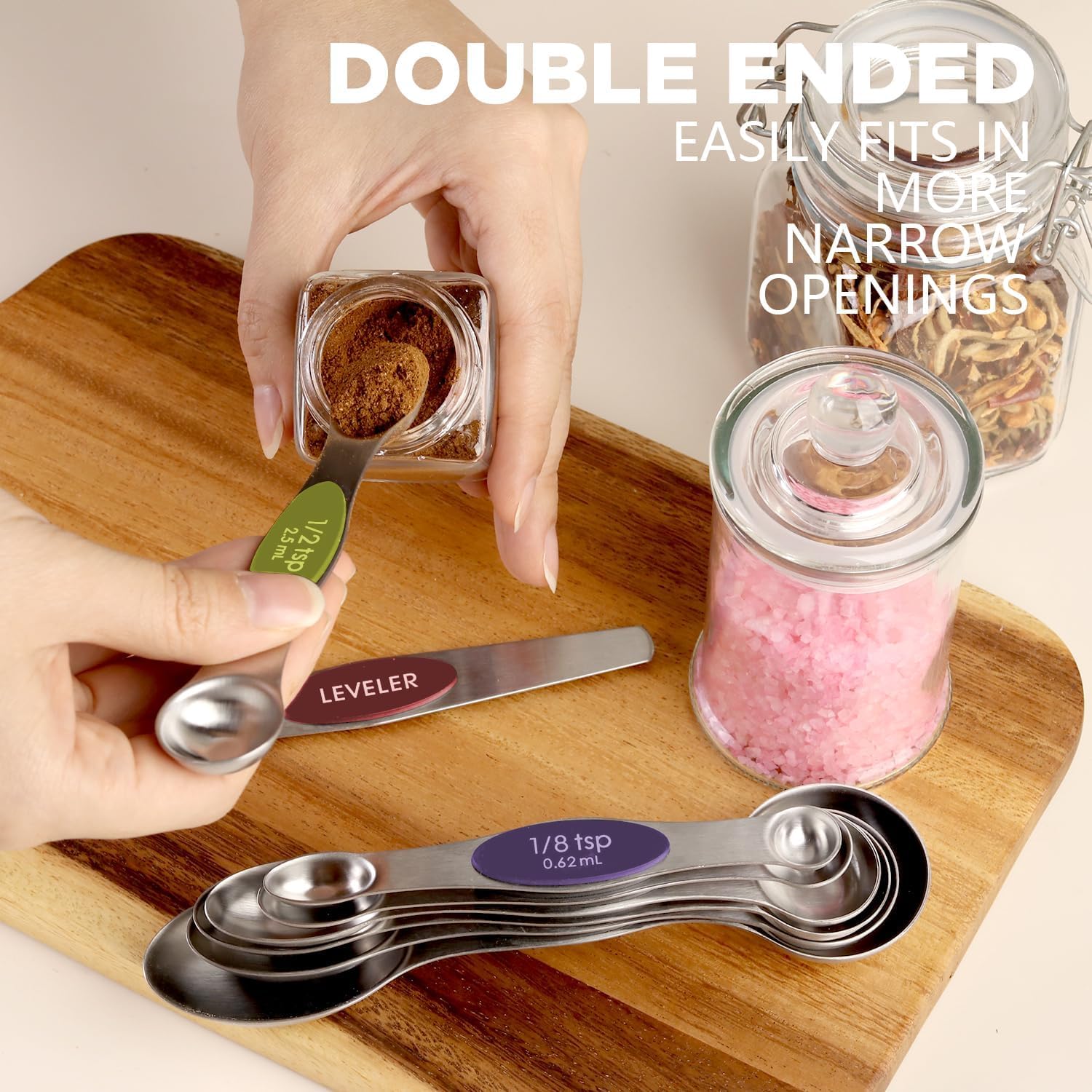 HASTHIP Measuring Cups and Spoons Set for Baking with Natural Wood Handles | 13‑Piece 304 Stainless Steel Kitchen Set