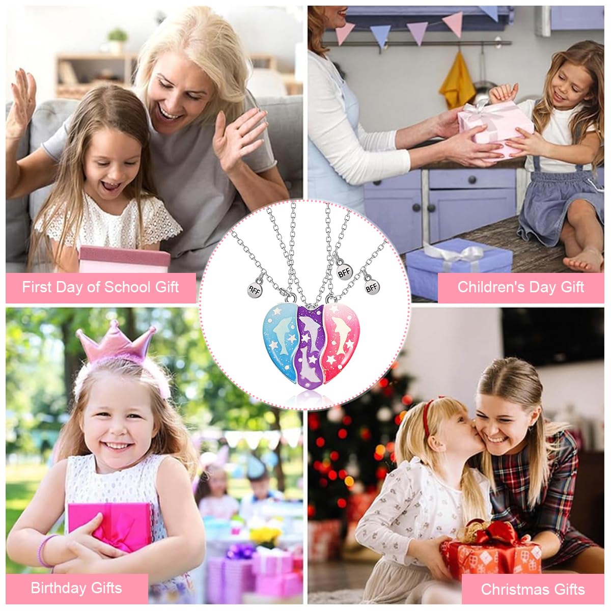 Zibuyu Friendship Necklace Set for Girls featuring 3pcs Colorful Dolphins Enamel Heart Charm