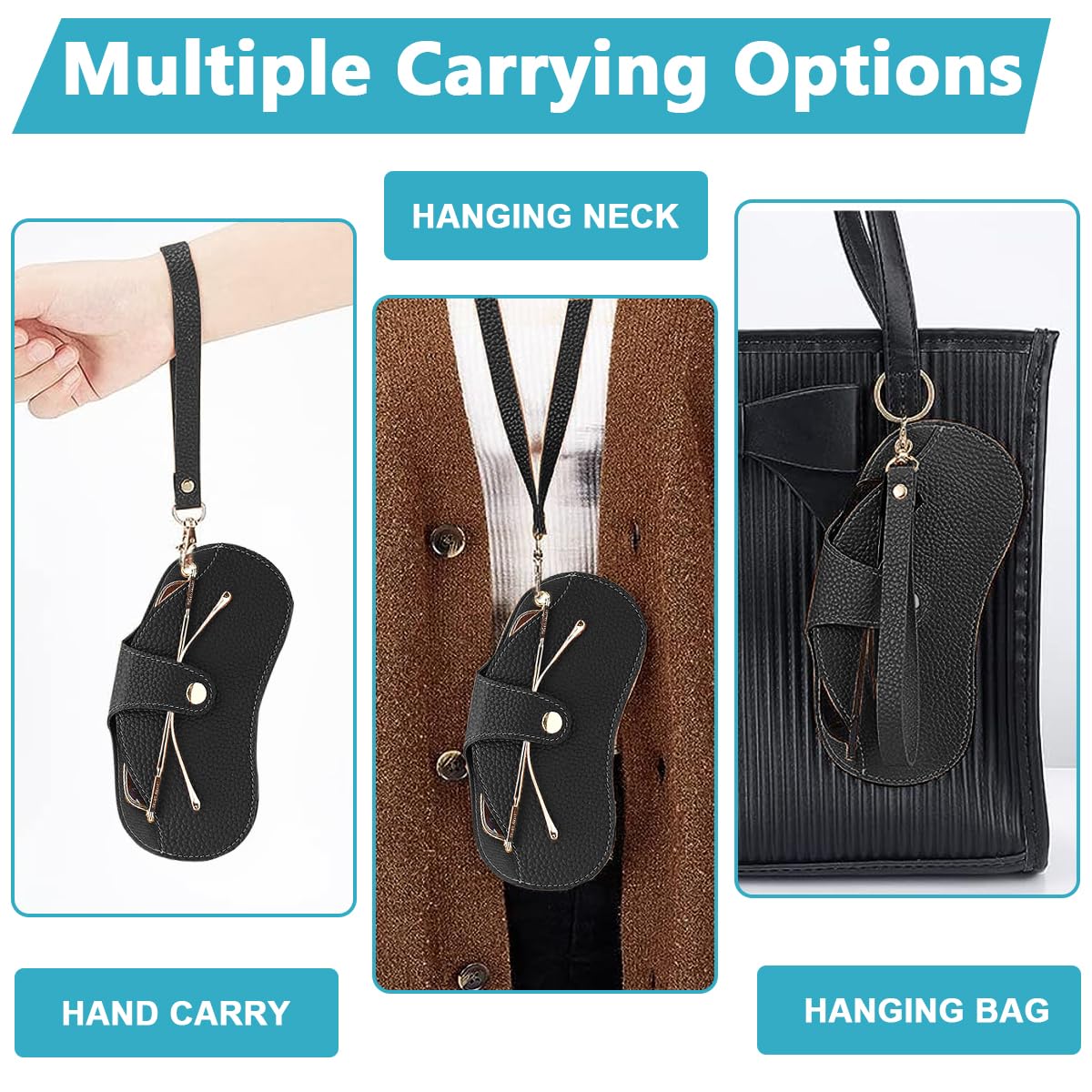 PALAY Sunglasses Case for Travel with 44.5cm Wrist Strap and Snap Button Closure | Black PU Leather