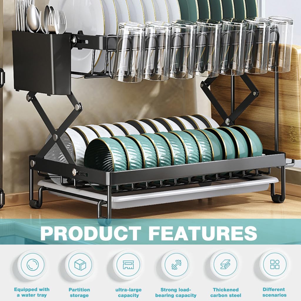 HASTHIP Kitchen Dish Rack with Double Layer Drain System and Utensil Storage | 40x28x31.5cm Carbon Steel