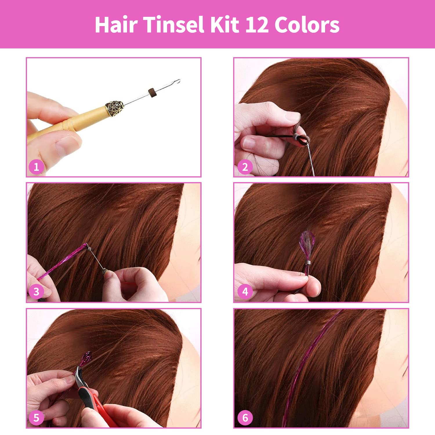 MAYCREATE Tinsel Hair Extensions for Party Styling with Tools and 47 in 12 Color Set | 2400 Strands