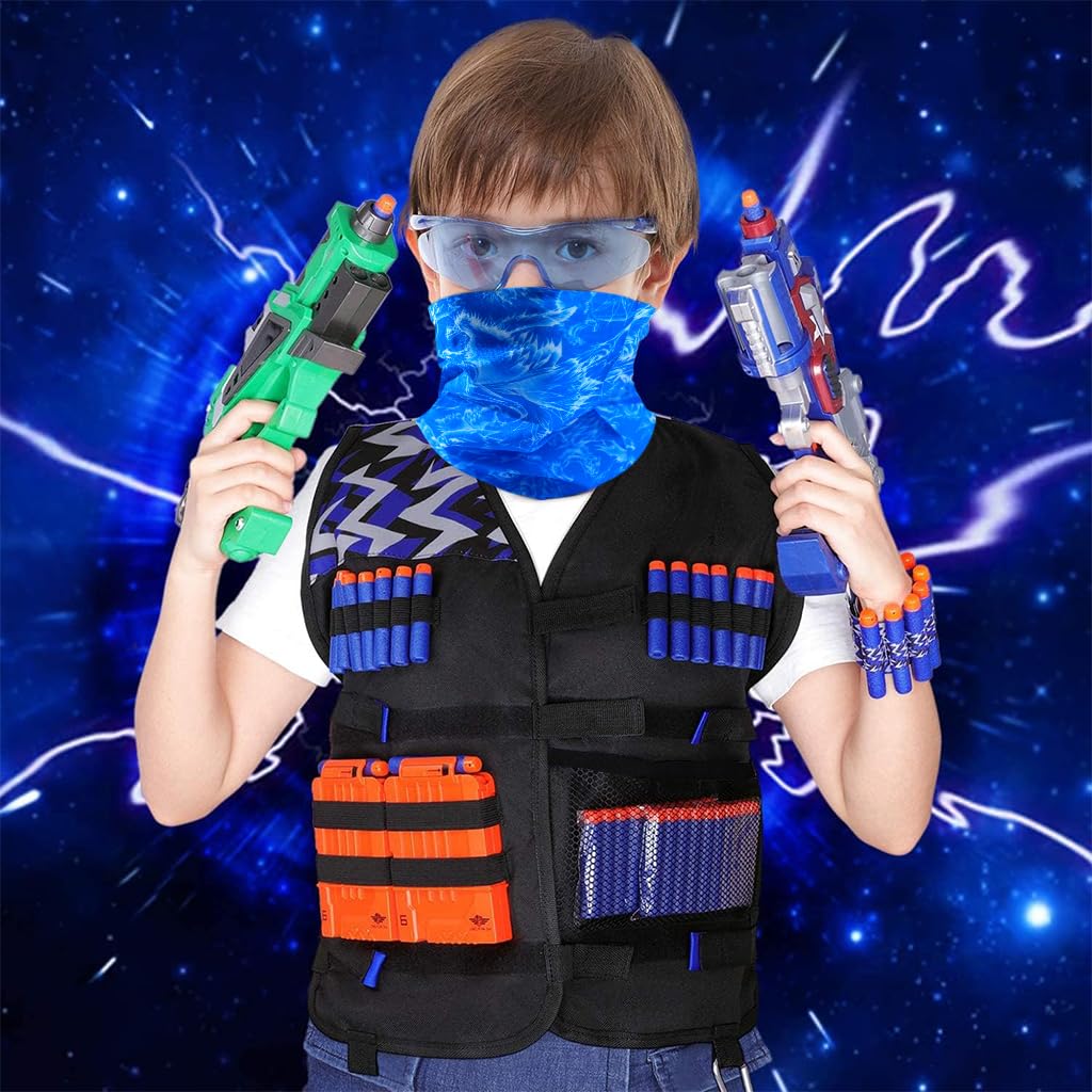 PATPAT Tactical Vest Kit for Kids with 30 Refill Darts and Reload Clips | Blue 2PCS Set
