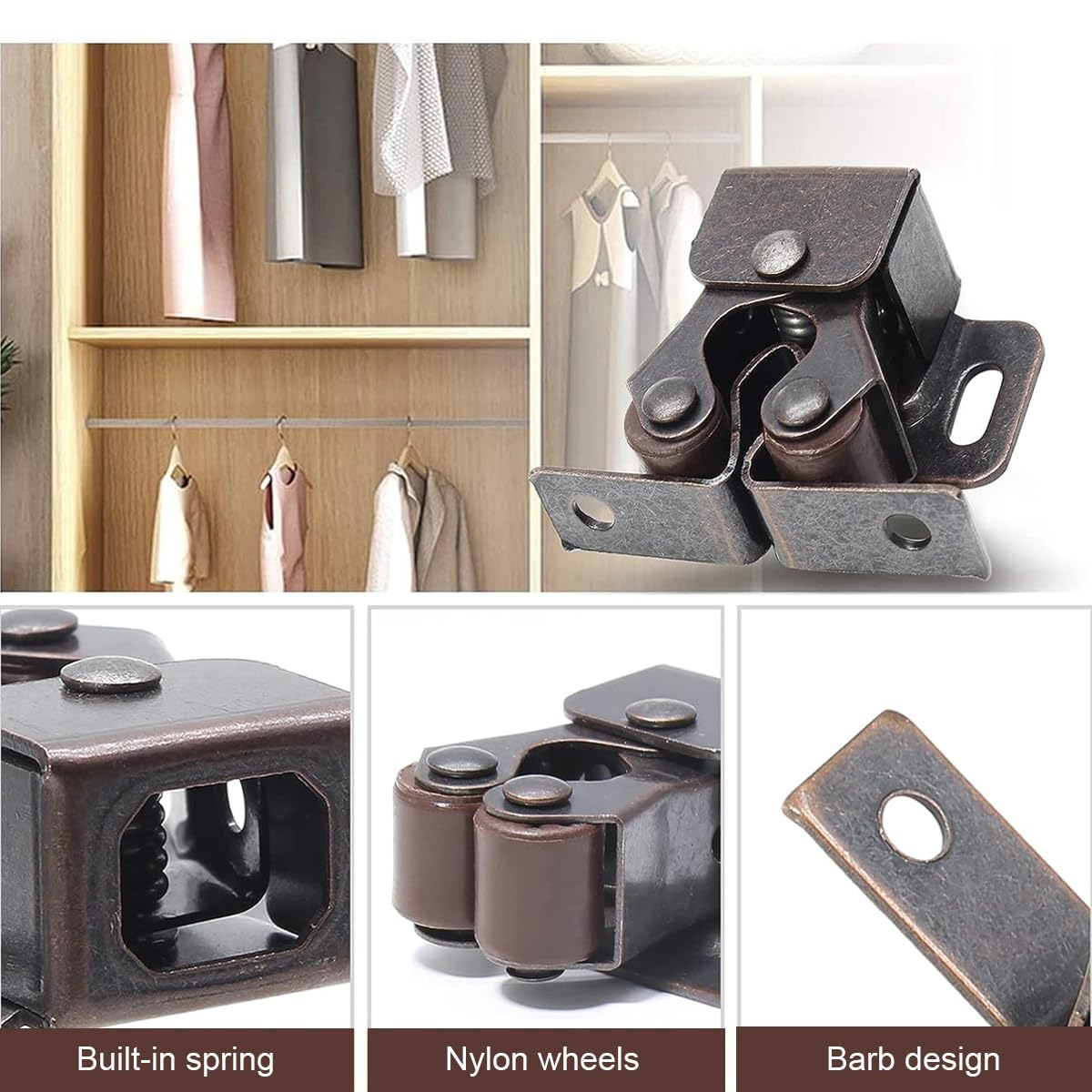 Venzina Cabinet Door Latch for Cupboard and Closet with Double Roller Catch 4 Pcs Red Brown