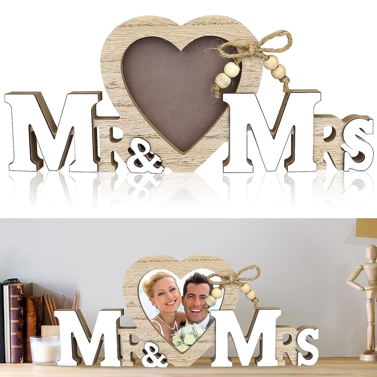 HASTHIP® Mr and Mrs Photo Frame Wedding Gifts for Bride Groom Wood Love Heart Wedding Decorations Holder Romantic Tabletop Picture Newlywed Anniversary Engagement Party Decoration