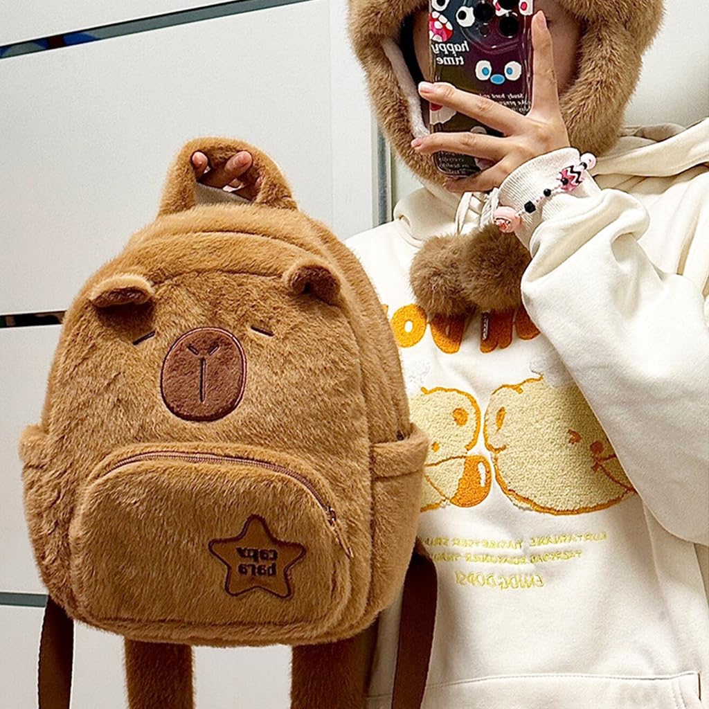 Climberty Cute Capybara Bag for School and Travel with Dual Zipper Pouches | Soft Plush Backpack for Girls
