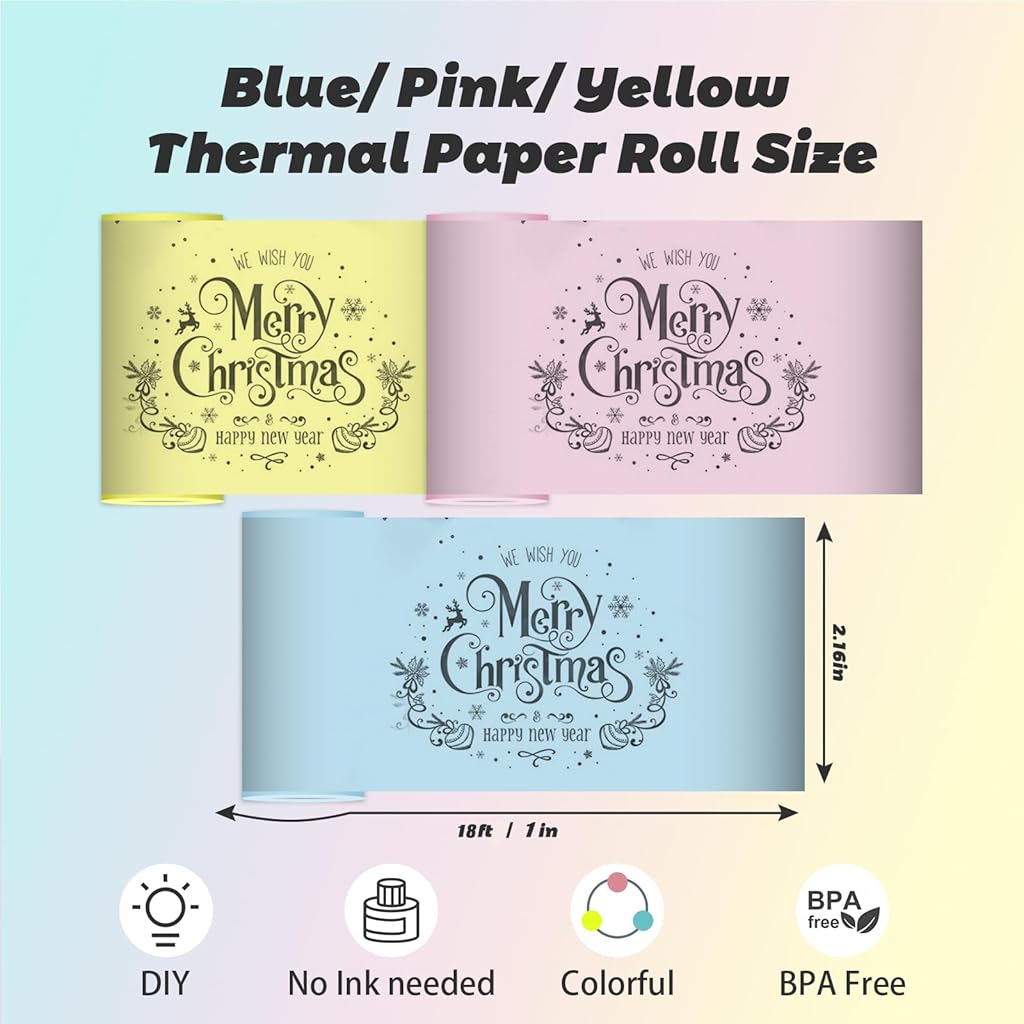 Zeitel® 3 Rolls Thermal Paper 3 Colors Printer Paper for Mini Sticker Receipt Portable Bluetooth Pocket Printers Refill for Most Thermal Printer 2PCS