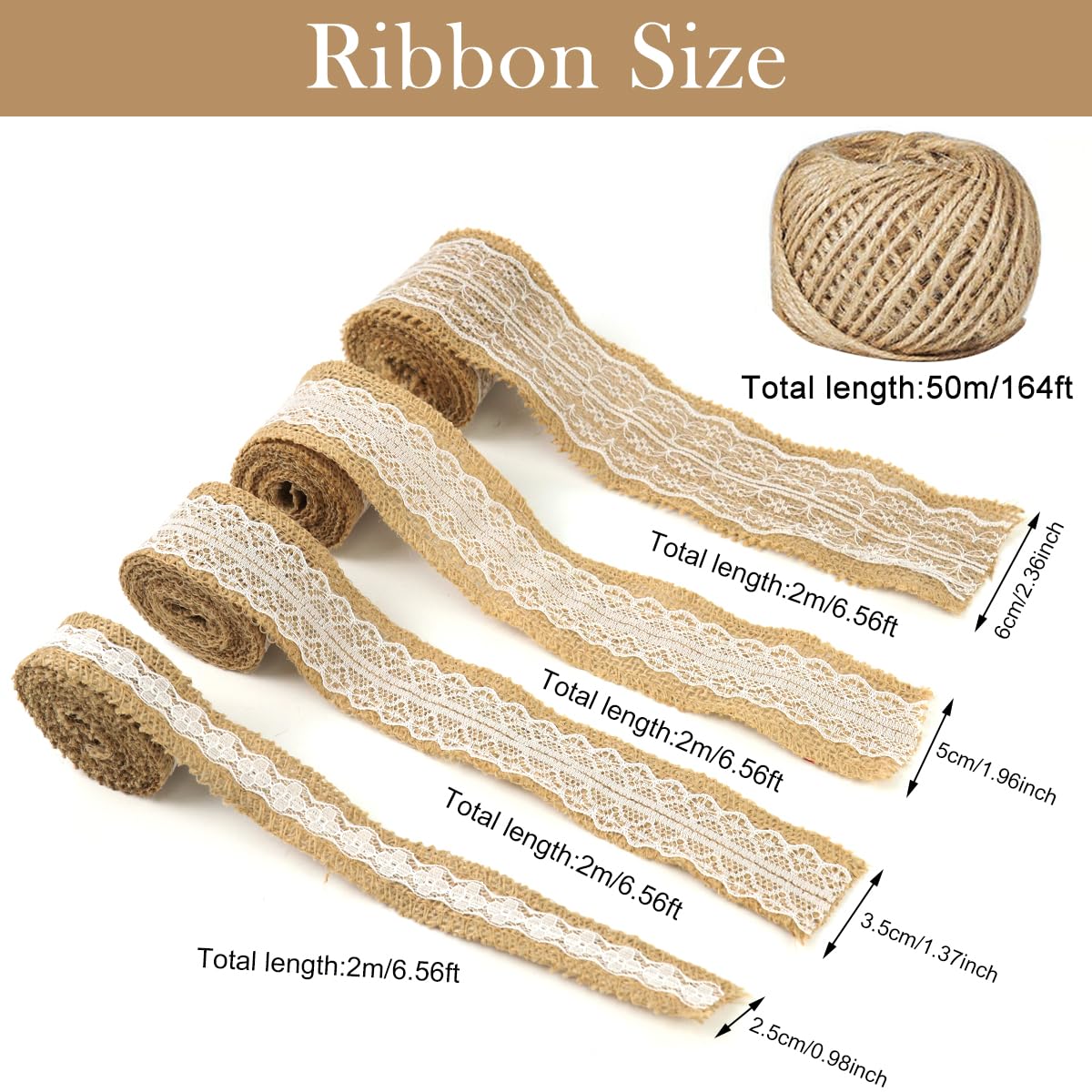 PATPAT DIY Hemp Ribbon Set for Scrapbooking with 19Pcs Lace Bows and 50m Jute Rope | Rustic Bohemian Decor