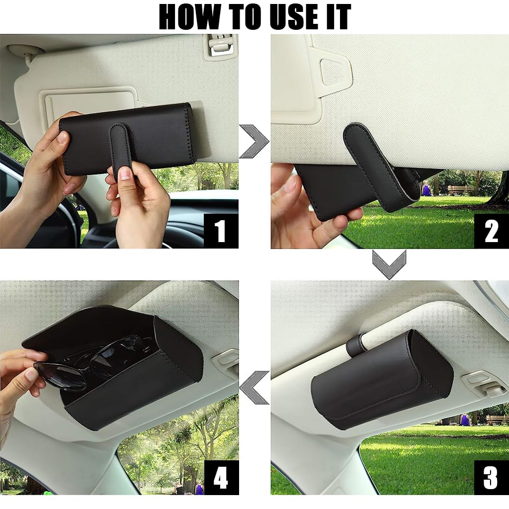 STHIRA® Sunglasses Holder for Car Sunglass Organizer Box Sun Visor Clip On PU Leather Storage Case Protective with Magnet Closure 3PCS