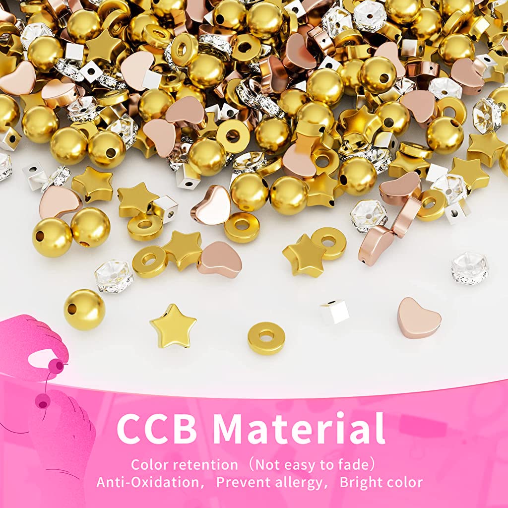 SANNIDHI 1740pcs Beads for Jewellery Making Assorted Beads for Craft Spacer Beads Kit for DIY Beaded Bracelet, Necklace, Curtain - 8 Style, 3 Color String Beads Set (Gold/Sliver/Rose Gold)