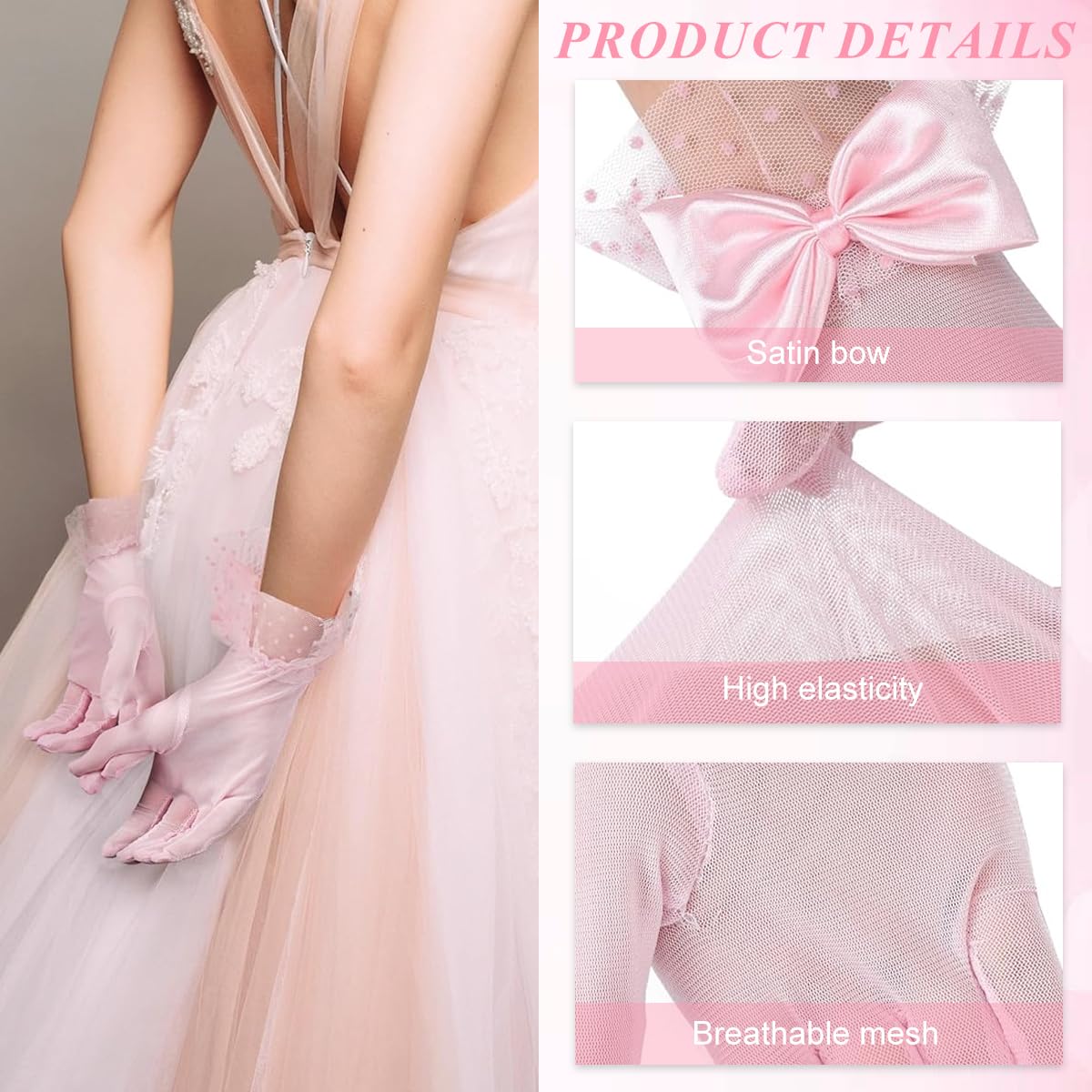 PALAY Lace Gloves for Wedding and Party with Satin Bow and Polka Dot Cuff | Pink Mesh Elegance