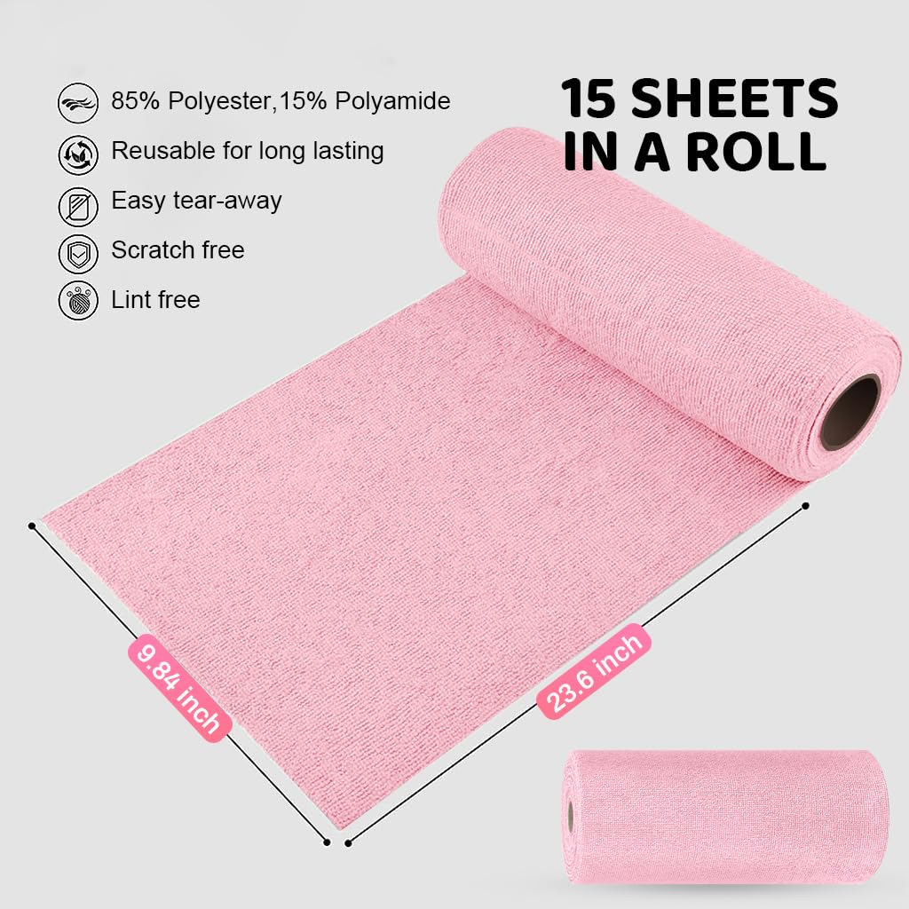 HASTHIP Microfiber Cleaning Cloth for Kitchen with Pre Cut Tear Away Design 15 Count 25x60cm Pink