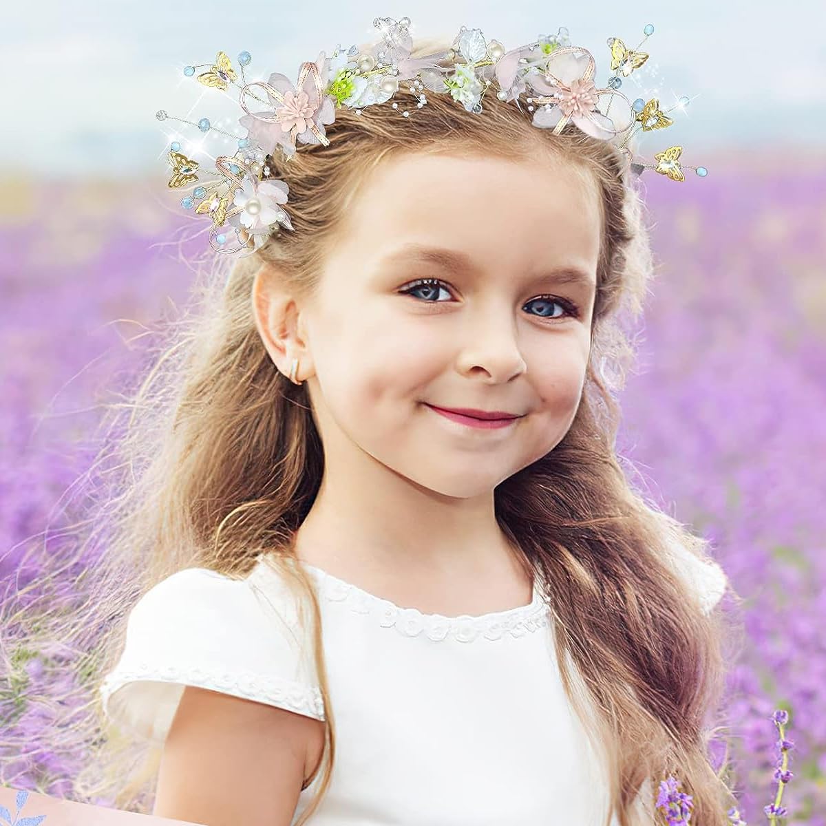 SANNIDHI Flower Crown for Girls Princess Tiara for Girls Kids Wedding Bridal Floral Hair Band for Women Handmade Pearl Crown Headpiece Dress Up Hairband for Birthday Party First Communion Gift