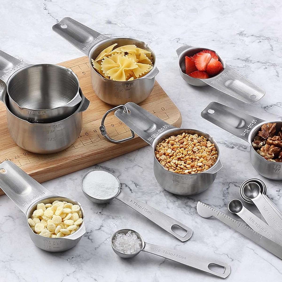 HASTHIP 15-Piece Kitchen Measuring Cups & Spoons Set with 7 Cups, 7 Spoons, 1 Leveling Ruler & 2 Detachable Rings, Kitchen Gadgets for Cooking & Baking (Silver)