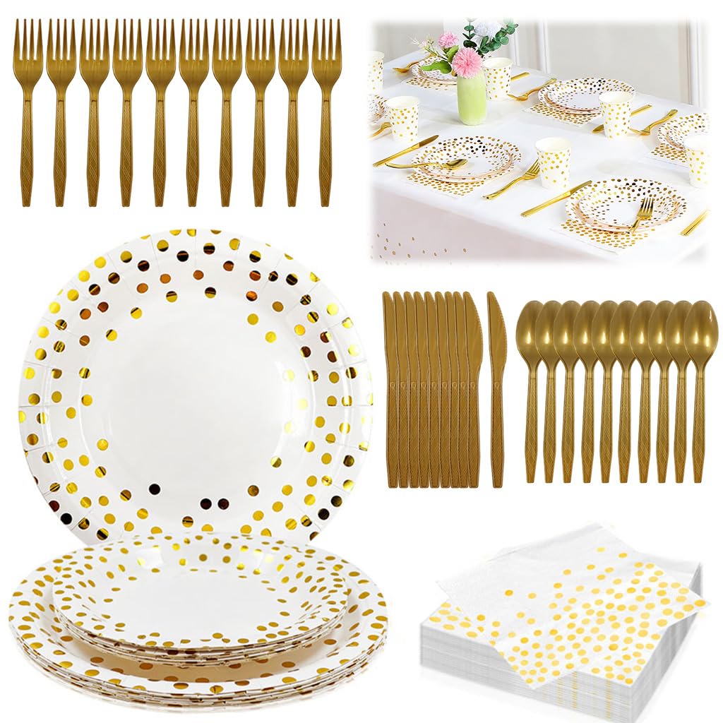 Supvox Party Dinnerware Kit for 10 with 7 and 9 in Golden Dotted Plates | 20 Tissues Included