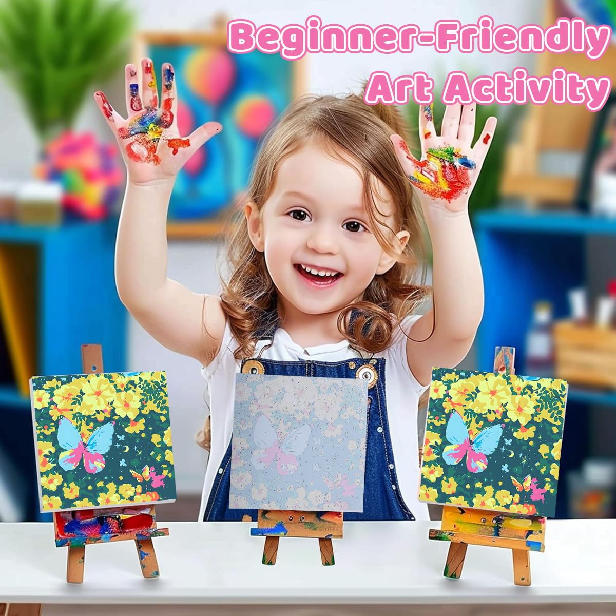 HASTHIP Paint by Numbers Kit for Adults and Kids with Brushes & Acrylic Pigments 20x20cm | Butterfly Flower Blossom Canvas Painting for Relaxing DIY Art