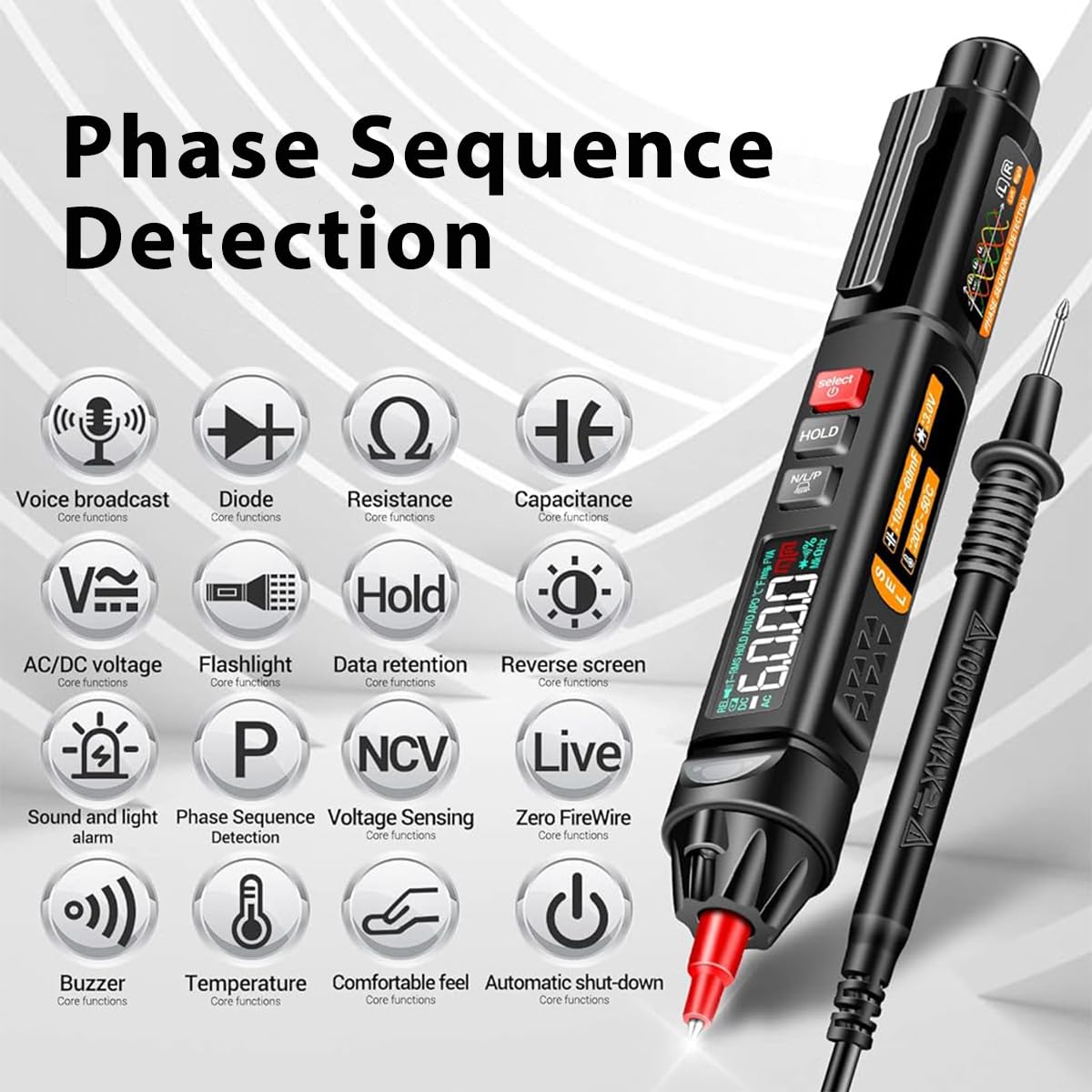 Serplex® Voltage Multimeter Pen with Voice Broadcast Function, Versatile Multimeter Pen, 6000 Count AC/DC Voltage Testing, Resistance, Continuity, Capacitance, Diode Testing (Battery Not Included)