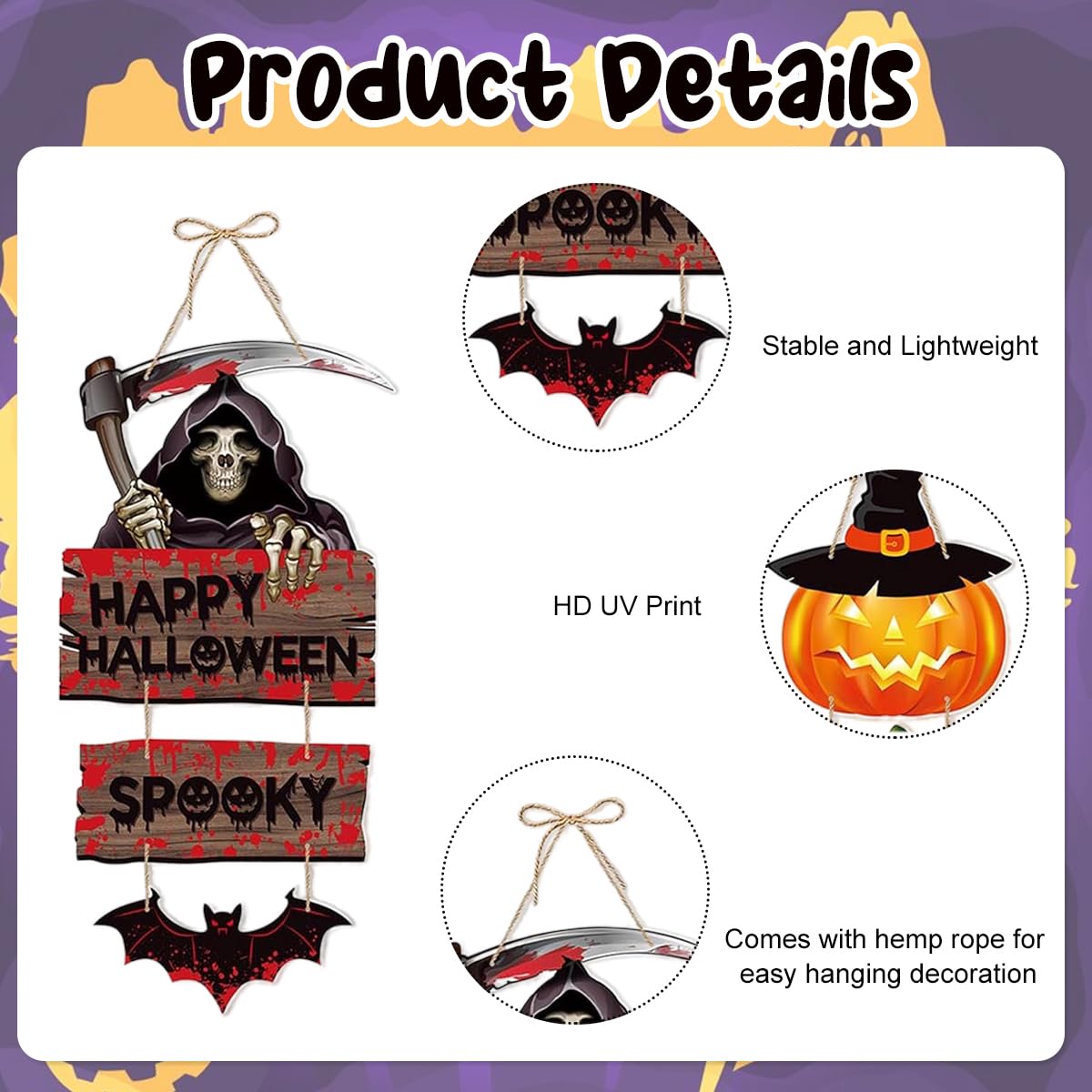 HASTHIP Halloween Wall Hangings for Home and Party Décor featuring 5 Paper Signs | Pumpkin Ghost Witch Bat Designs