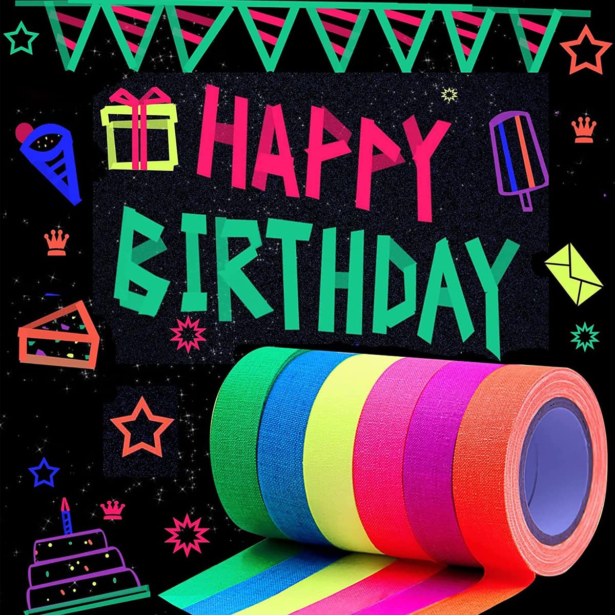 Hasthip Glow Tape for Party and DIY Crafts with Self Adhesive Cotton Fabric | 6 Colors 0.6 in x 16.5 ft