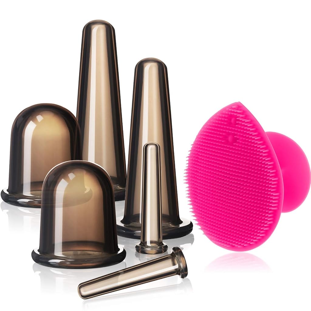 HANNEA® Silicone Facial Cupping Set Multi Sizes Silicone Massage Cup Kit with Exfoliating Facial Brush Squeezing Vacuum Facial Cupping Set for Skin rejuvenation, Lymphatic Drainage, Set of 7Pcs