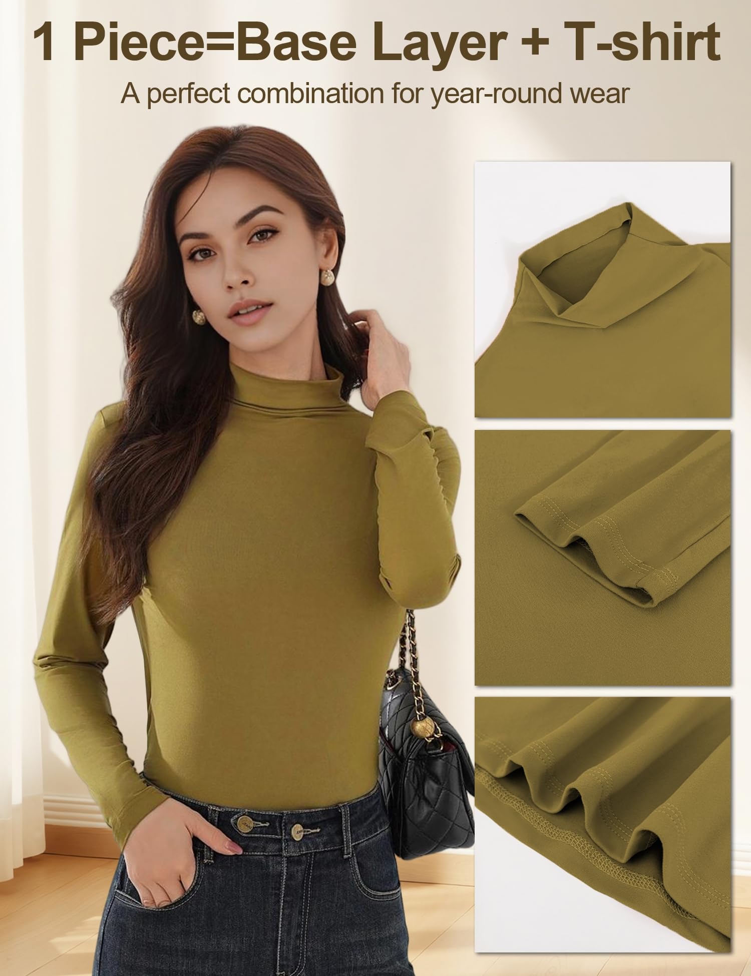 Venzina Women’s Long Sleeve Mock Neck Top for Layering with Soft Stretch Fabric | Mustard Yellow XL