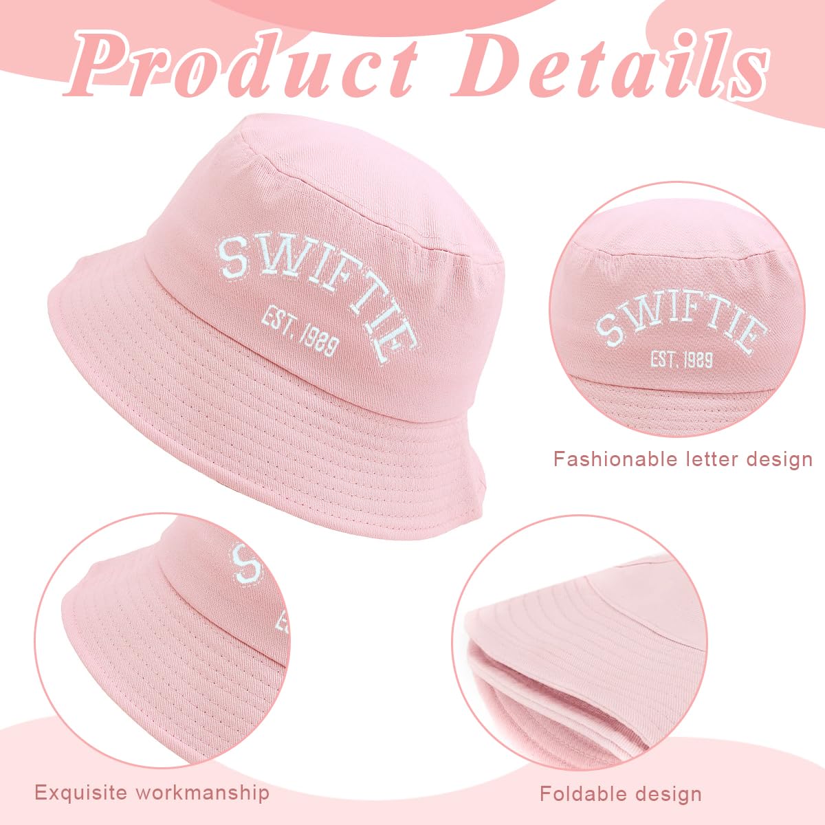 PALAY® Girl Summer Bucket Hat Fashion Pink Letter Embroidery Bucket Hat Swiftie Hat Bucket Hat Beach Hat Breathable Sun Hat Travel Outdoor Sun Hat for Girls