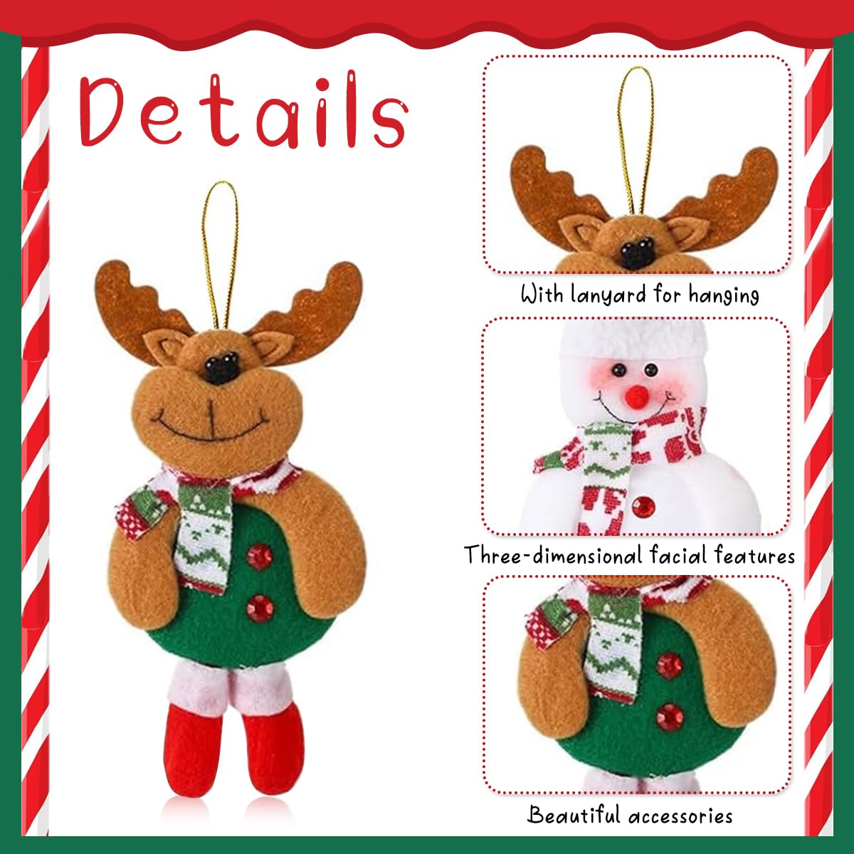 HASTHIP Christmas Tree Decorations 4Pcs Set with Santa Snowman Reindeer Bear | 17x8cm Cotton Ornaments for Home and DIY Crafts