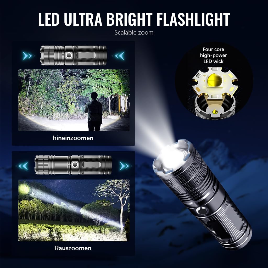 ELEPHANTBOAT Flashlight for Camping and Emergency with 4800mAh Power Bank | Zoomable IPX67 Metal Design