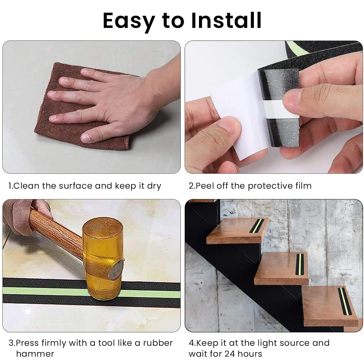 HASTHIP Glow in The Dark Anti Slip Traction Tape for Stairs featuring 10 Pre Cut 2 x 12 in PEVA Strips | Eco Friendly and Residue Free Removal