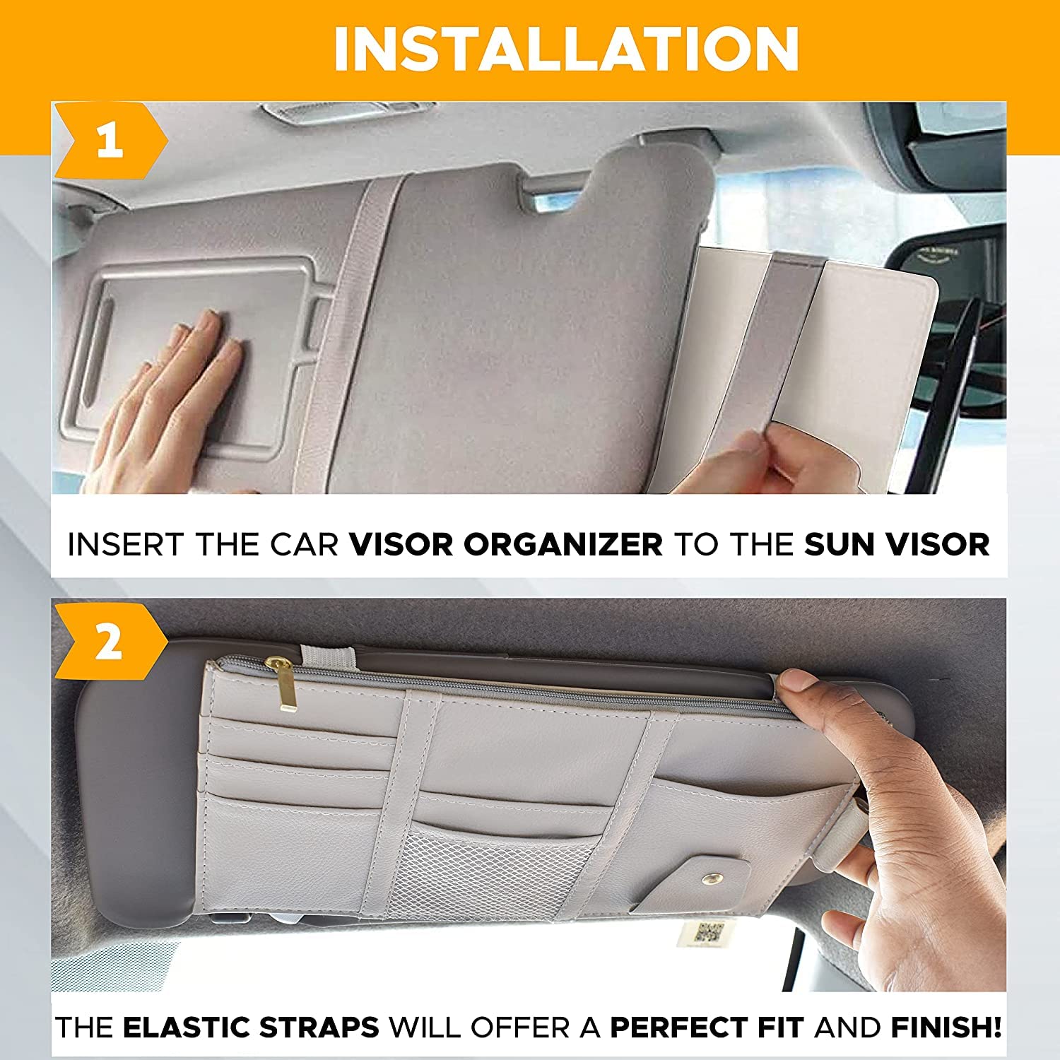 STHIRA Car Sun Visor Organizer for Cards and Sunglasses with Two Elastic Bands | Grey PU Leather 12 x 6 in Storage Pouch