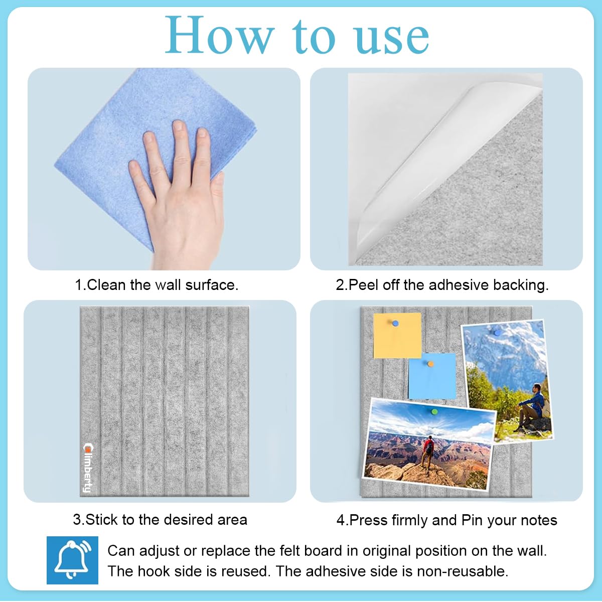 Climberty Felt Bulletin Board Set for Home and Office with 30x30cm Panels and 50 Pins | Self-Adhesive Grey Organizer