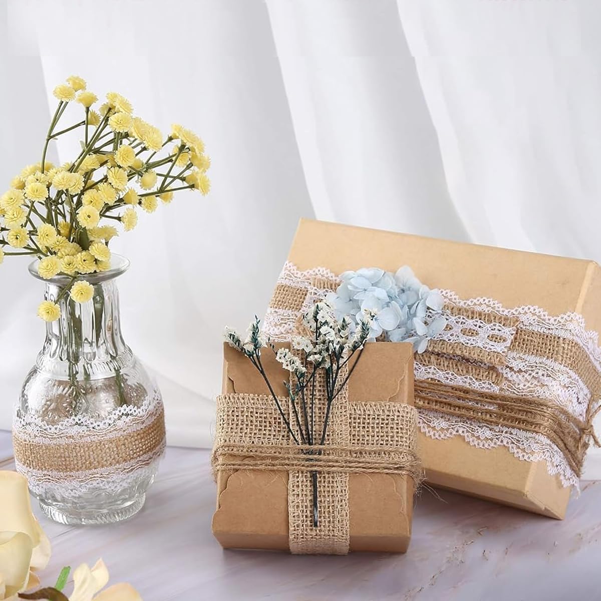 PALAY Jute Rope Burlap Ribbon for Craft and Gift Wrapping featuring Woven Jute Fiber 13.12ft Rolls | Natural Fabric Wedding Decorations