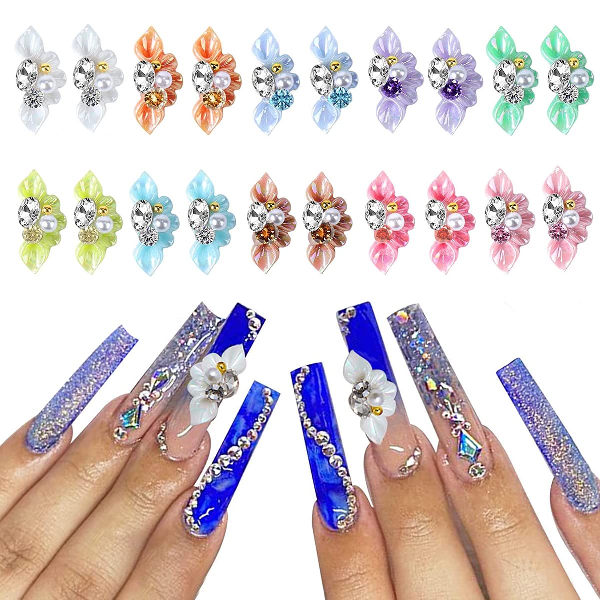 MAYCREATE 3D Nail Charms for Nail Art Decorations featuring Resin Flowers and Rhinestones | 20PCS in 10 Colors