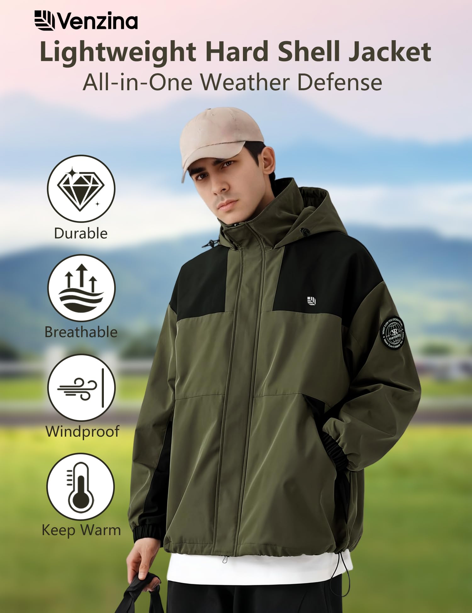 Venzina Men's Modular Tech Wear Jacket for Urban Outdoor Style with Waterproof Windproof Shell and Interchangeable Patches in Army Green