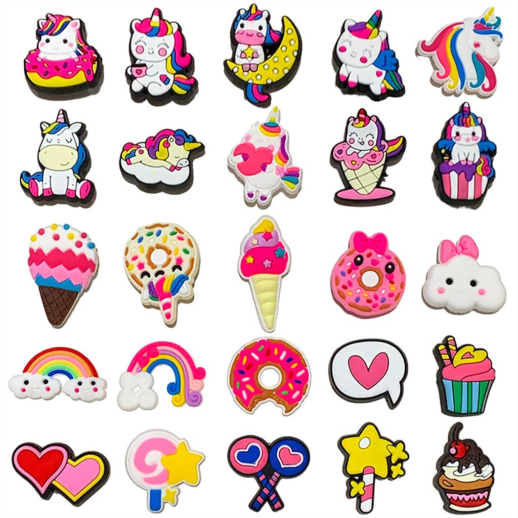 HASTHIP® 25pcs Clog Slippers Charms, Pink Shoe Decoration Charms for Clog Sandals, Cute Unicorn Rainbow Shoe Accessories Charms for Girls Women Party Gifts and Holiday