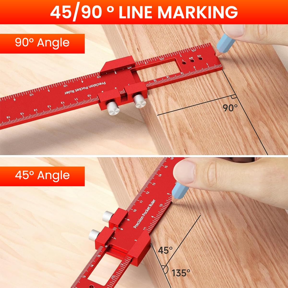 Serplex Woodworking Ruler for DIY and Construction 300mm with Sliding 45° Guide | Red Aluminum Alloy