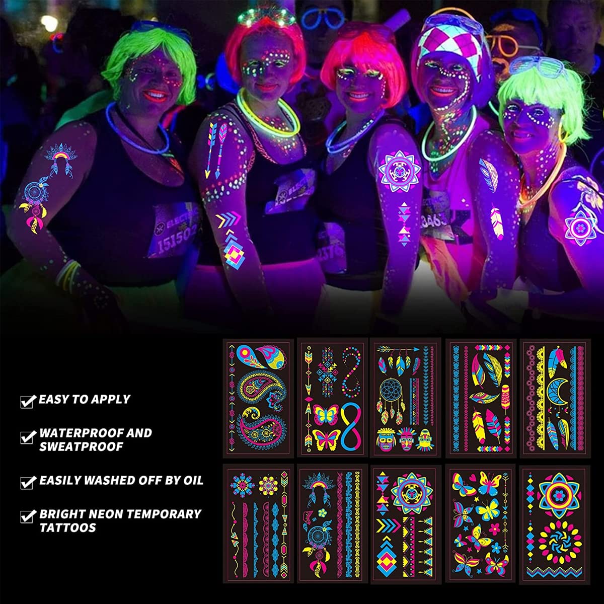 MAYCREATE® 10 Sheets Temporary Tattoo Stickers Night Glow in the Dark Sticker, 80+ Styles Waterproof UV Neon Stickers, Body Face Fake Tattoos for Women Men Kids Rave Festival Party