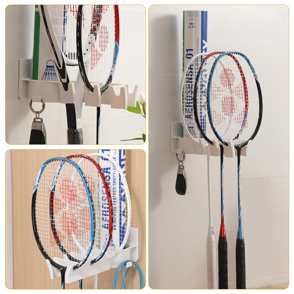 Proberos Badminton Racket Holder for Wall Mount Storage with 3 Slots & Dual Hooks | ABS Organizer for Home or Gym