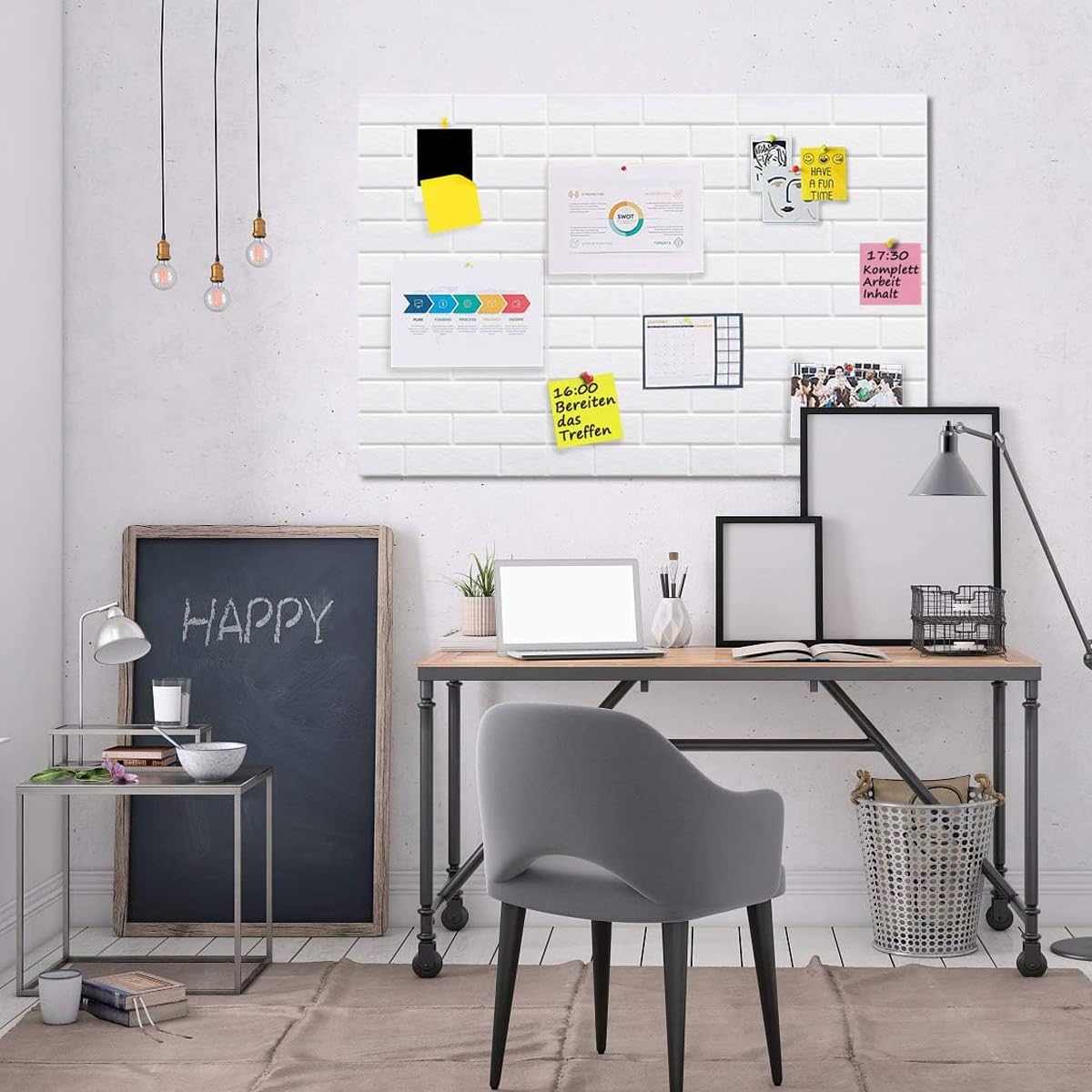 OFIFO Felt Black Boards for Home Organization with 50 Pins and Self Adhesive 30x30cm | White